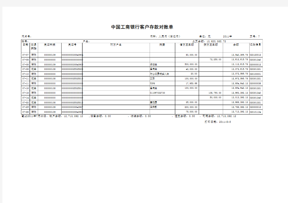 工商银行对账单模版