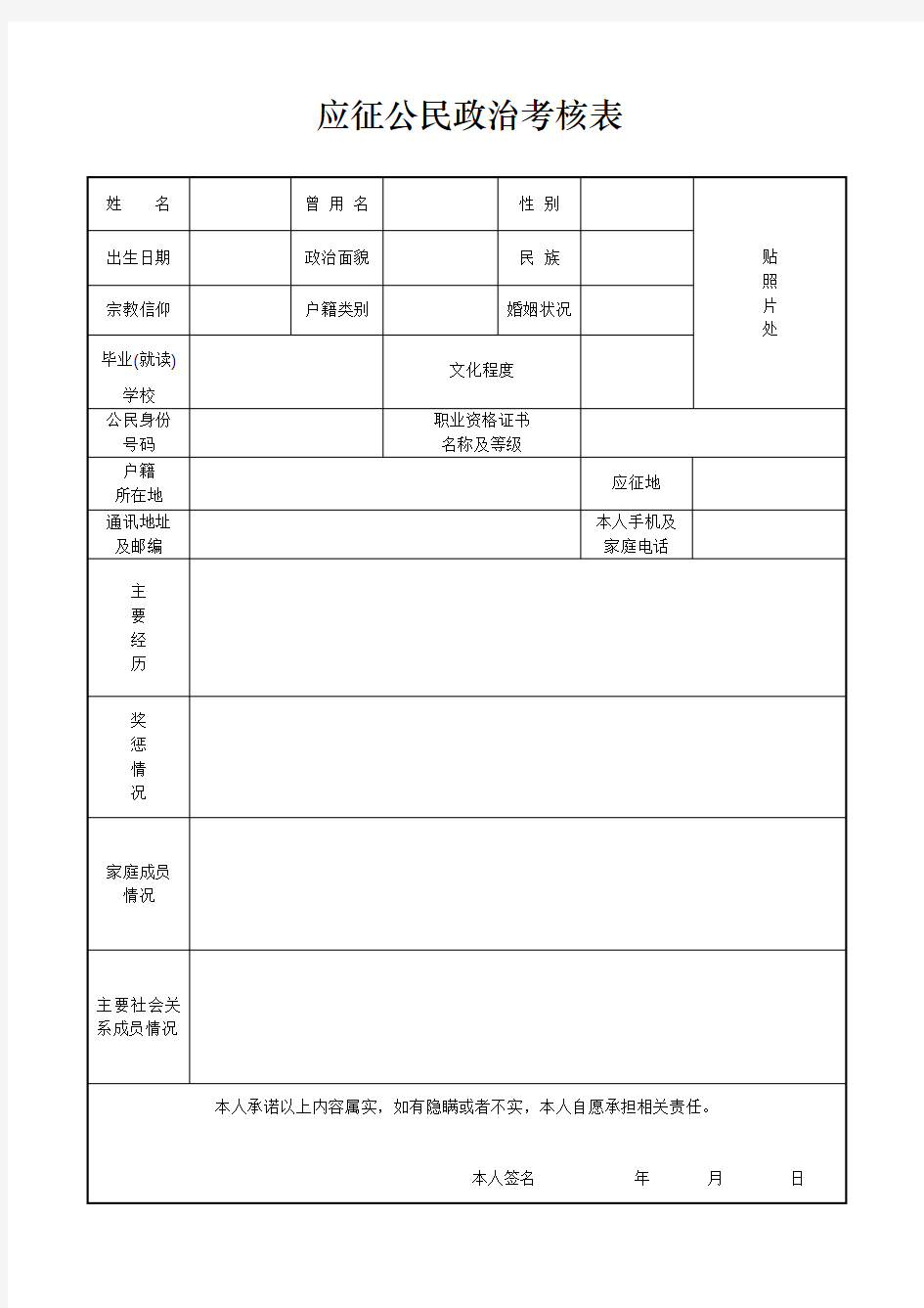 部队应征公民政治考核表格式-双面打印(空表)