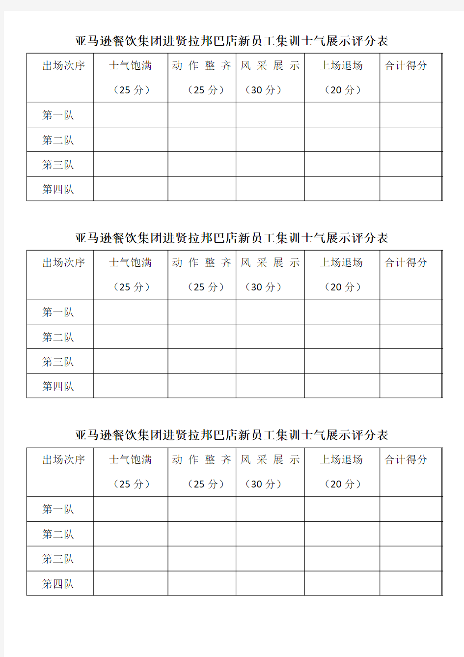 士气展示评分表