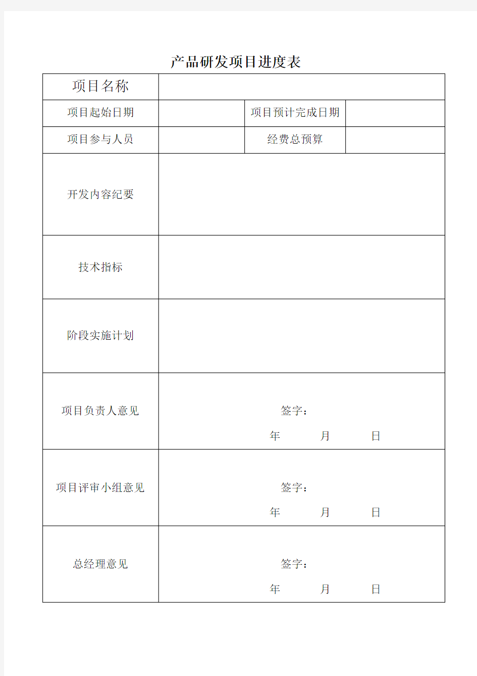 产品研发立项进度表