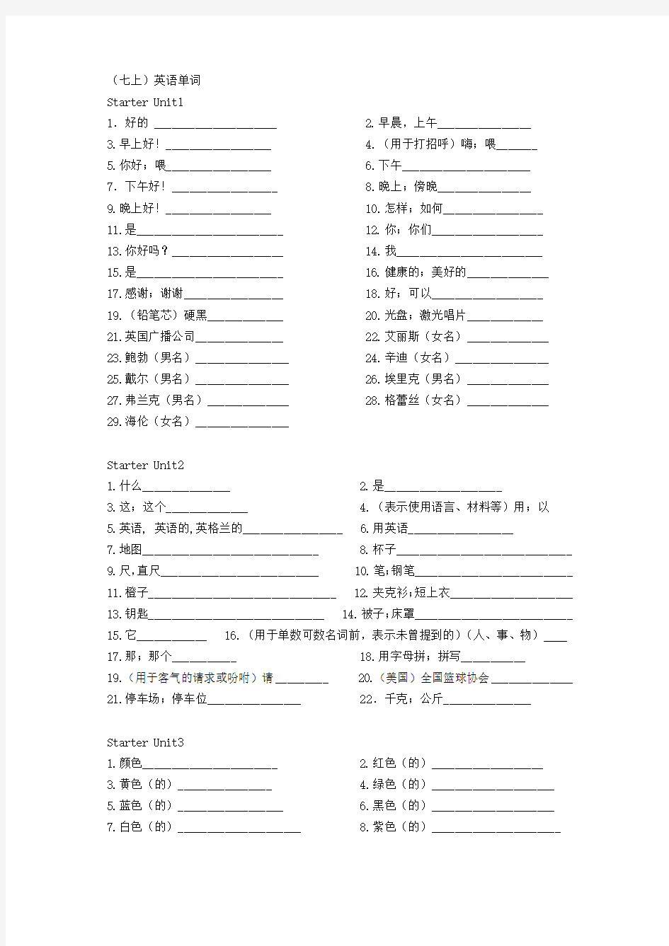 (完整版)人教版初中英语单词默写表