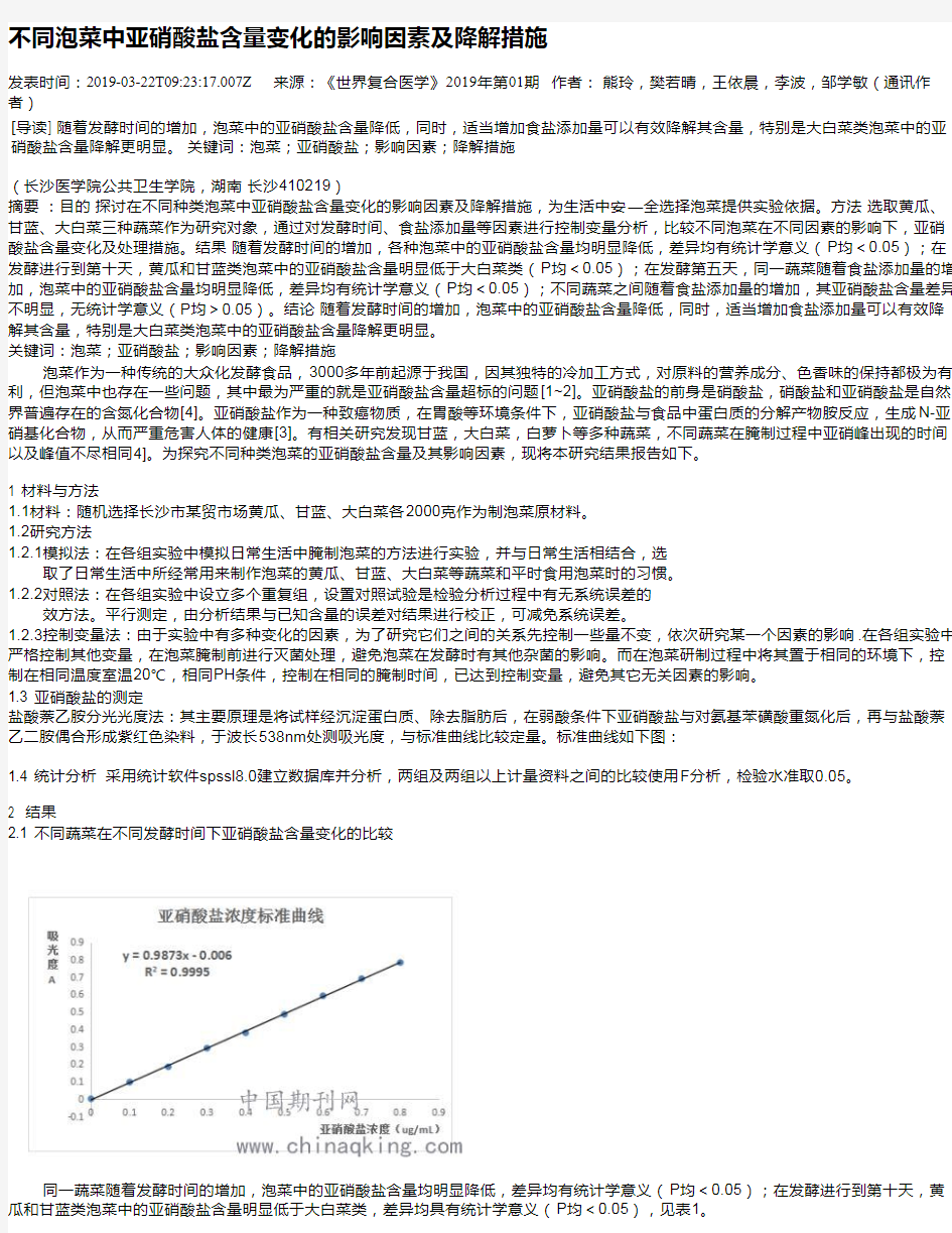 不同泡菜中亚硝酸盐含量变化的影响因素及降解措施