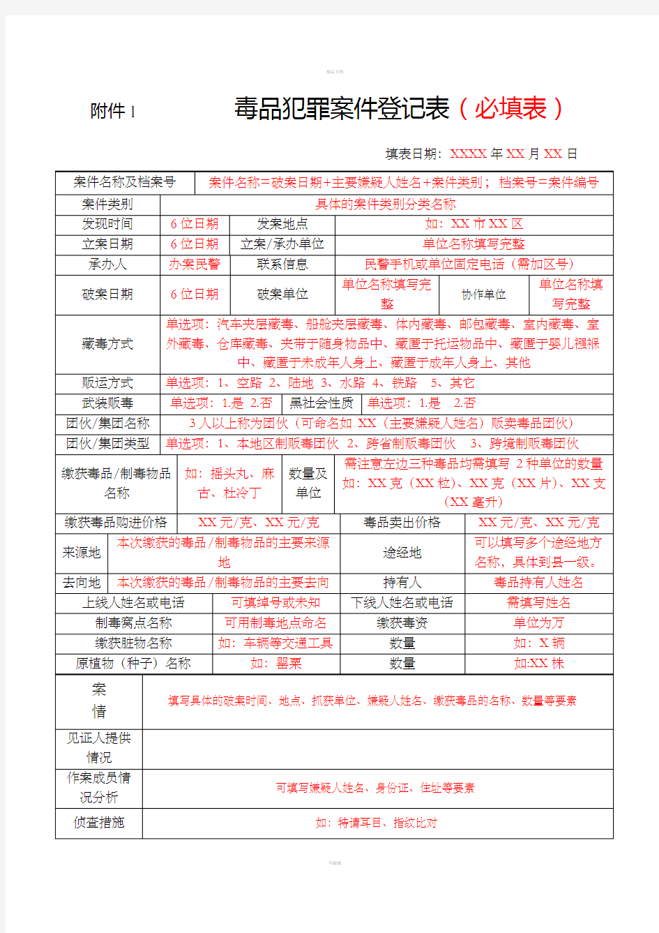 毒品犯罪案件需填写的几种表格