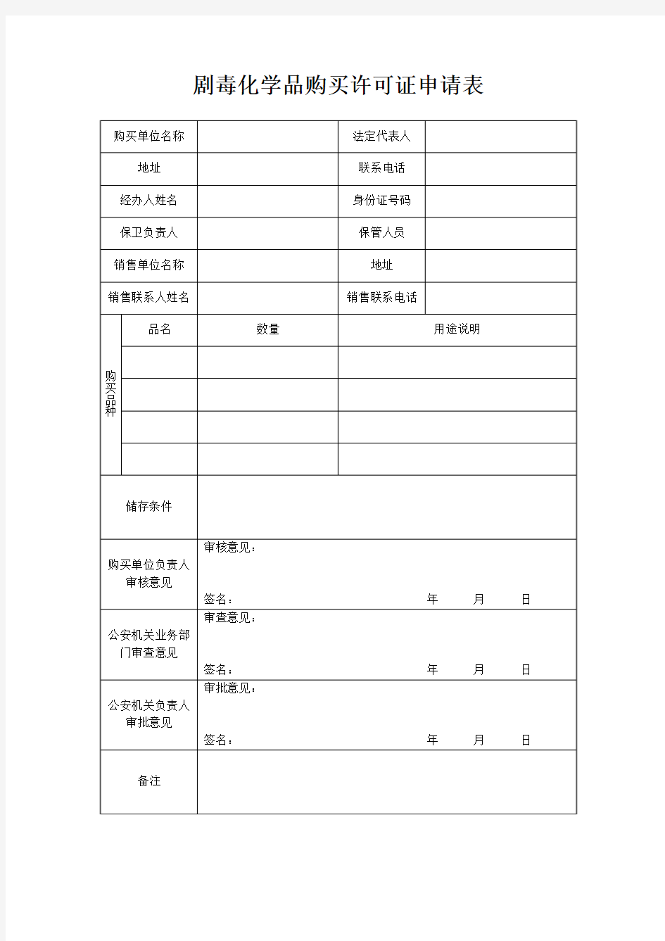 剧毒化学品购买许可证申请表