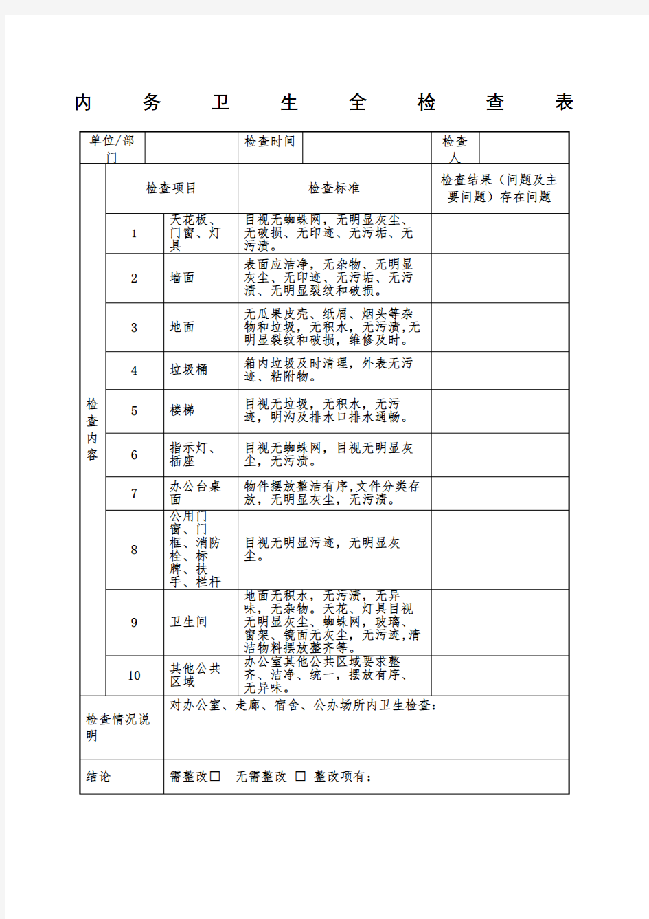 内务卫生全检查表