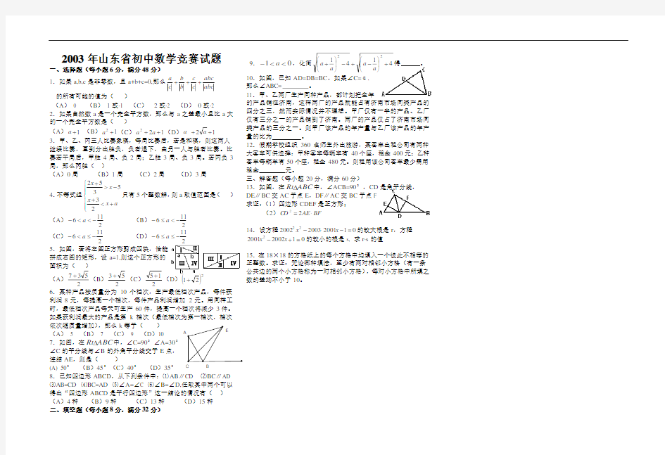 2003年山东省初中数学竞赛试题