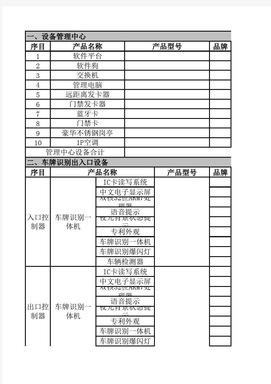 车牌识别设备清单