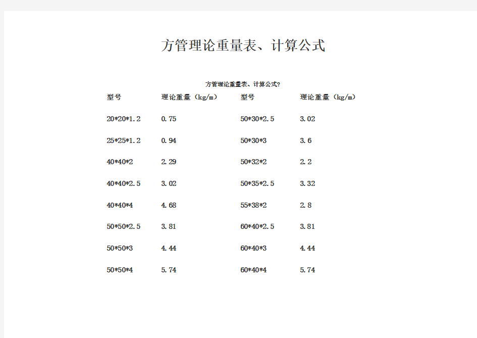 方管理论重量表 计算公式