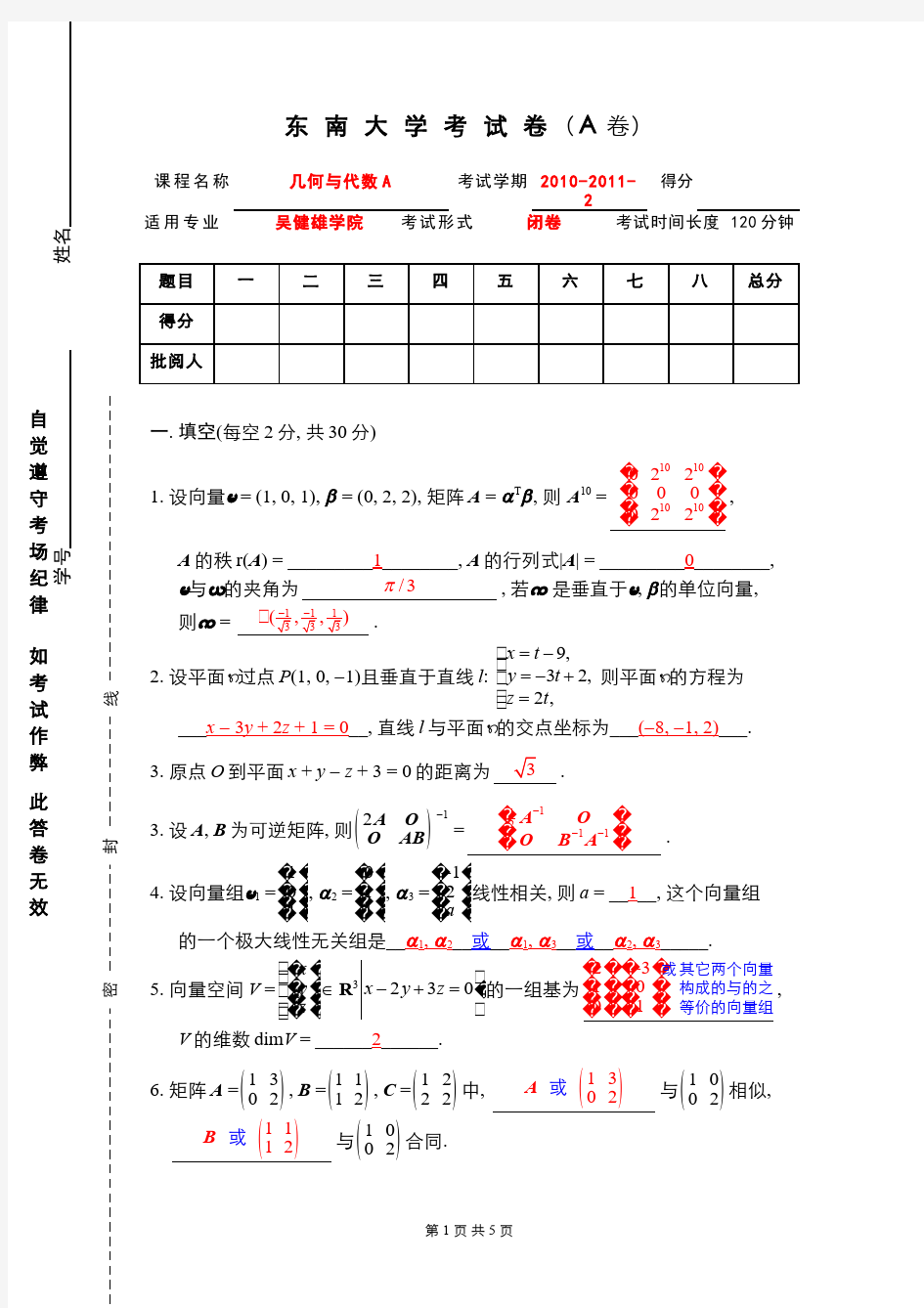 线性代数与解析几何__东南大学(29)--2010-2011-2《几何与代数A》试题参考解答