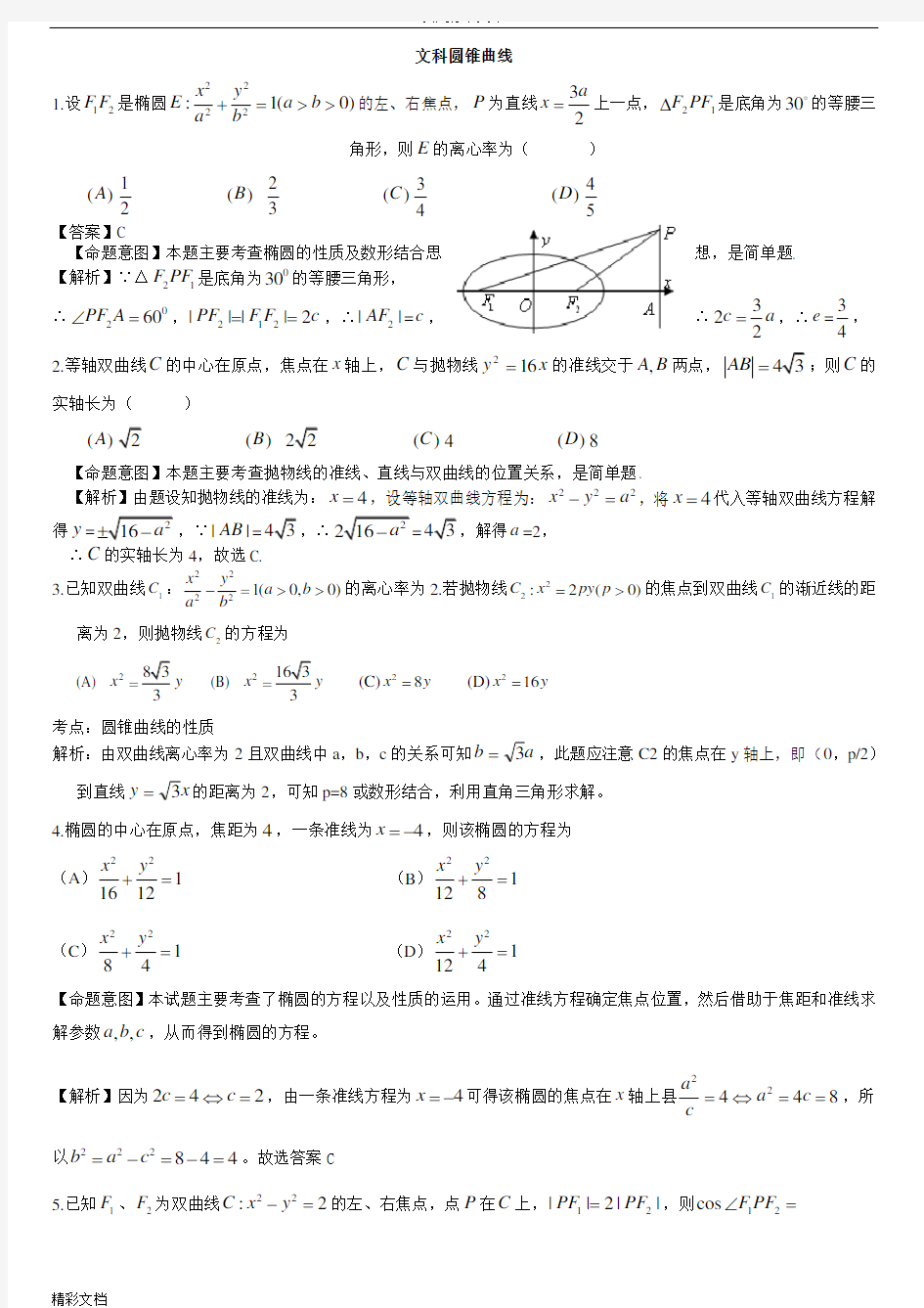 文科圆锥曲线专题练习及问题详解