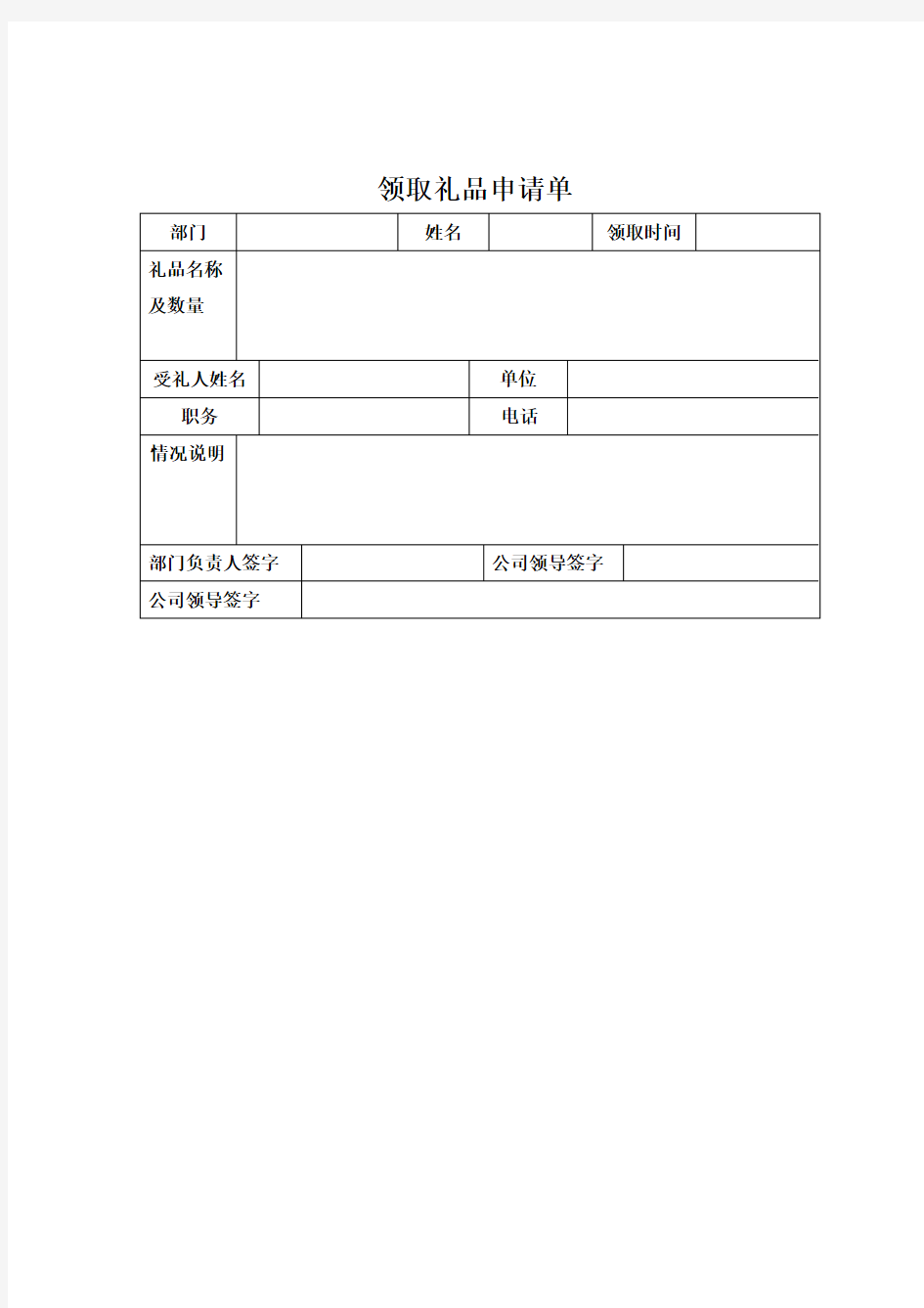 领取礼品申请单