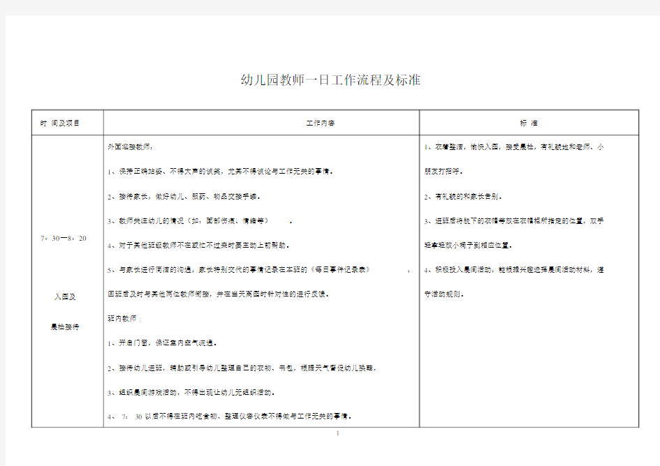 幼儿园教师一日工作流程和标准