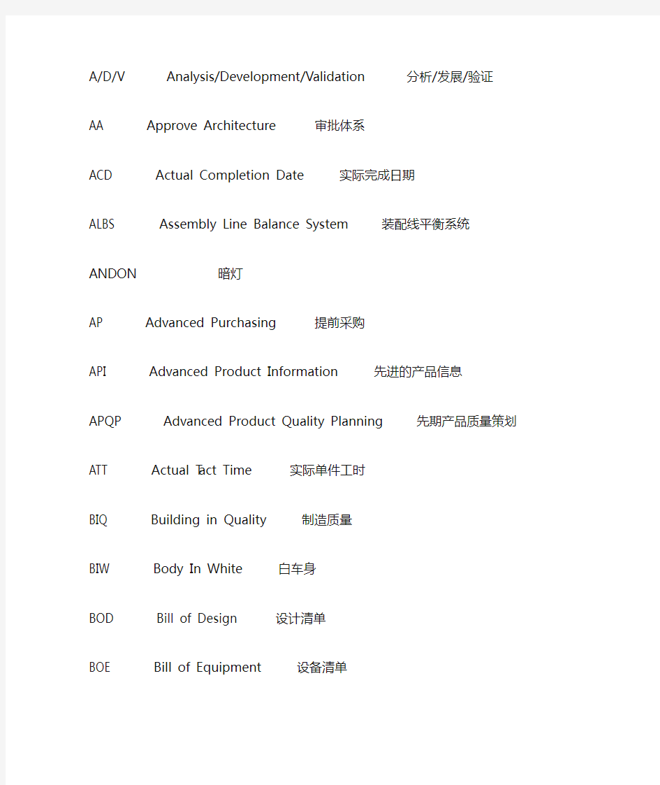 汽车行业用缩写汇总