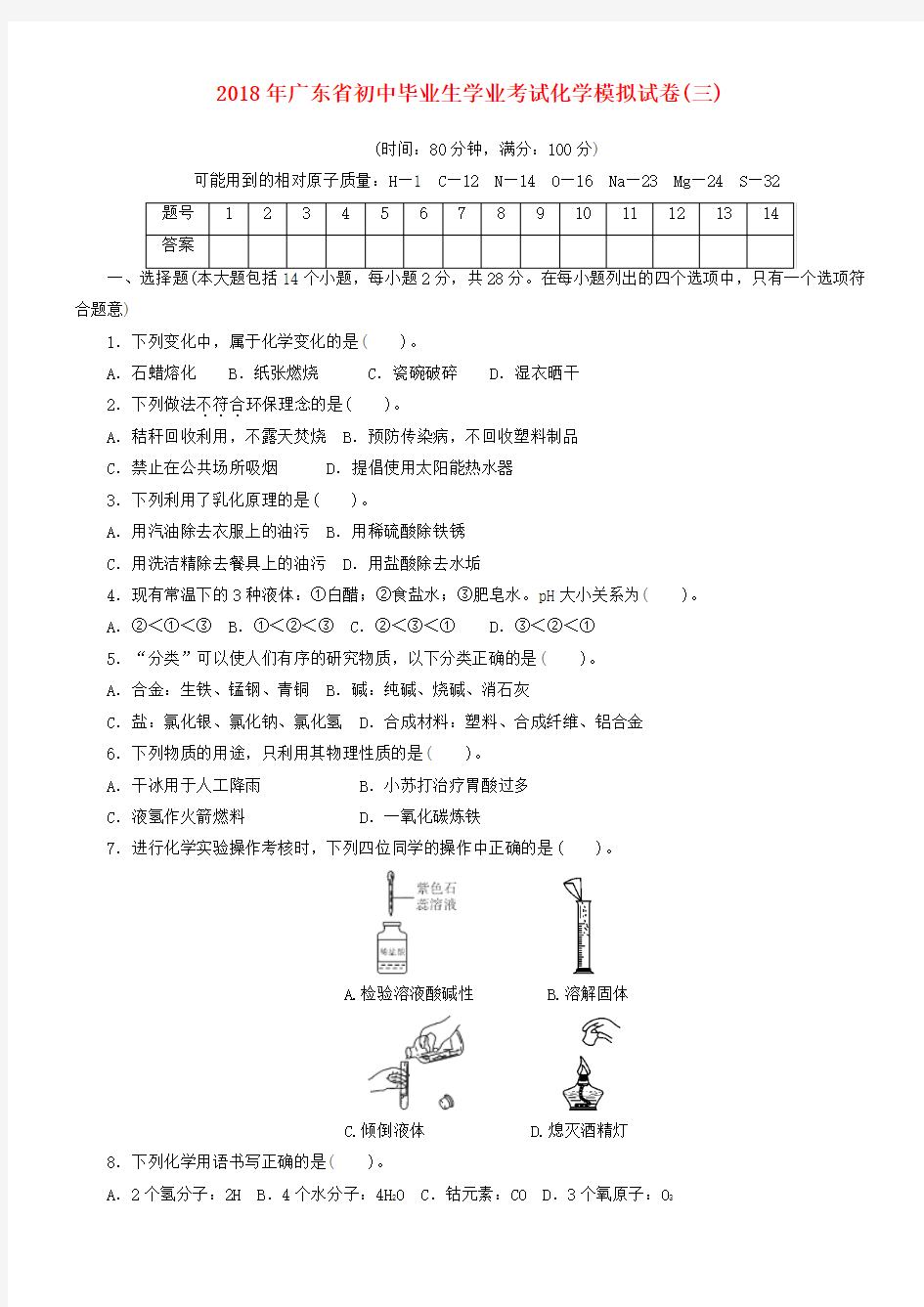 初中化学毕业生学业考试模拟试题3