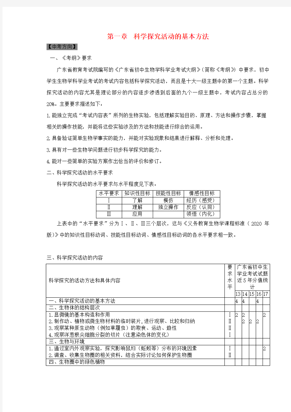 2020年中考生物 第一章 科学探究活动的基本方法方法指导