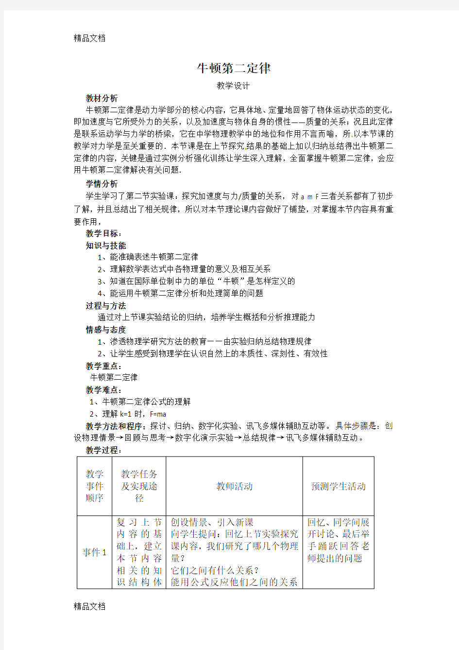 牛顿第二定律教学设计(市级一等奖)演示教学