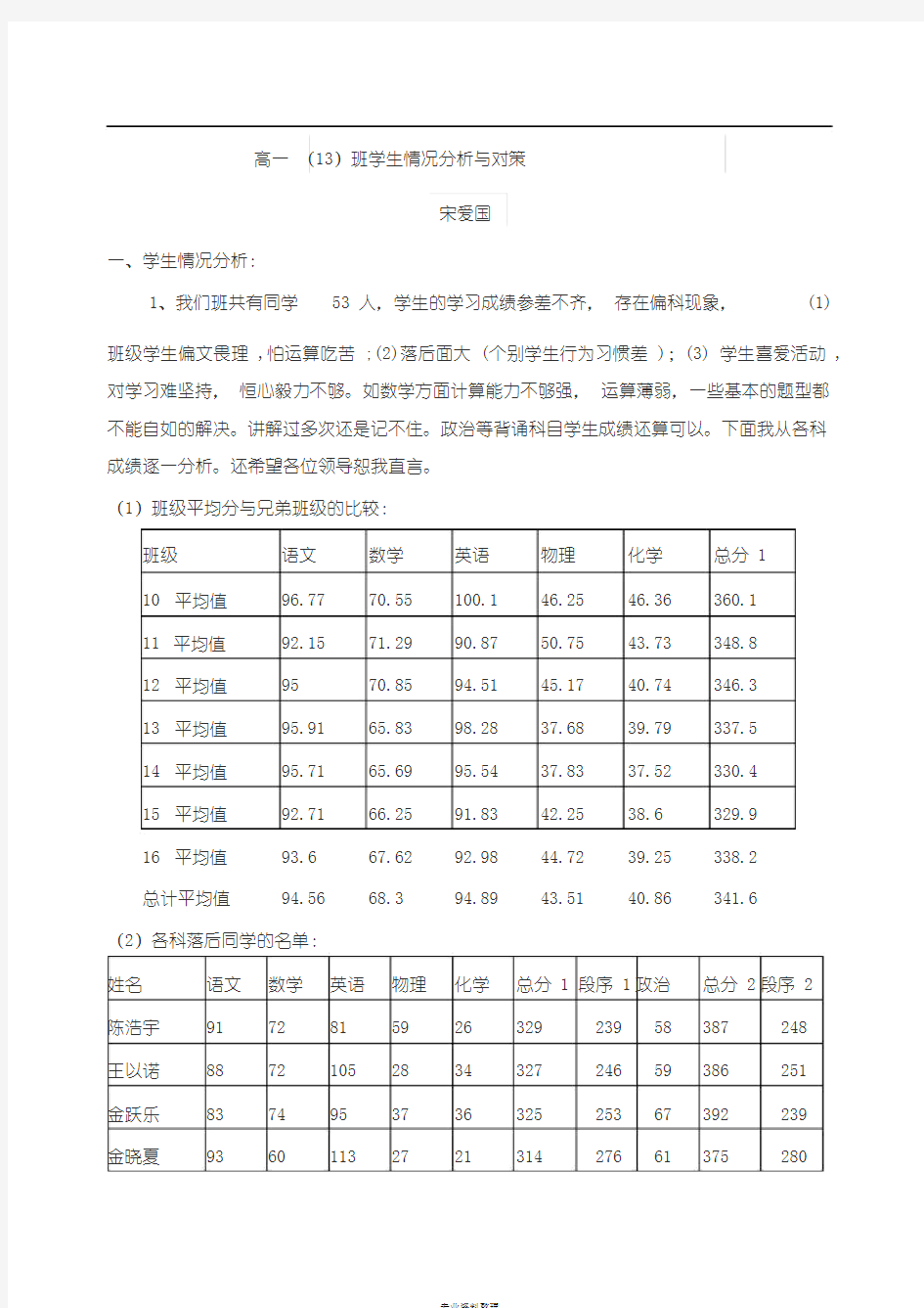 班级情况分析及对策