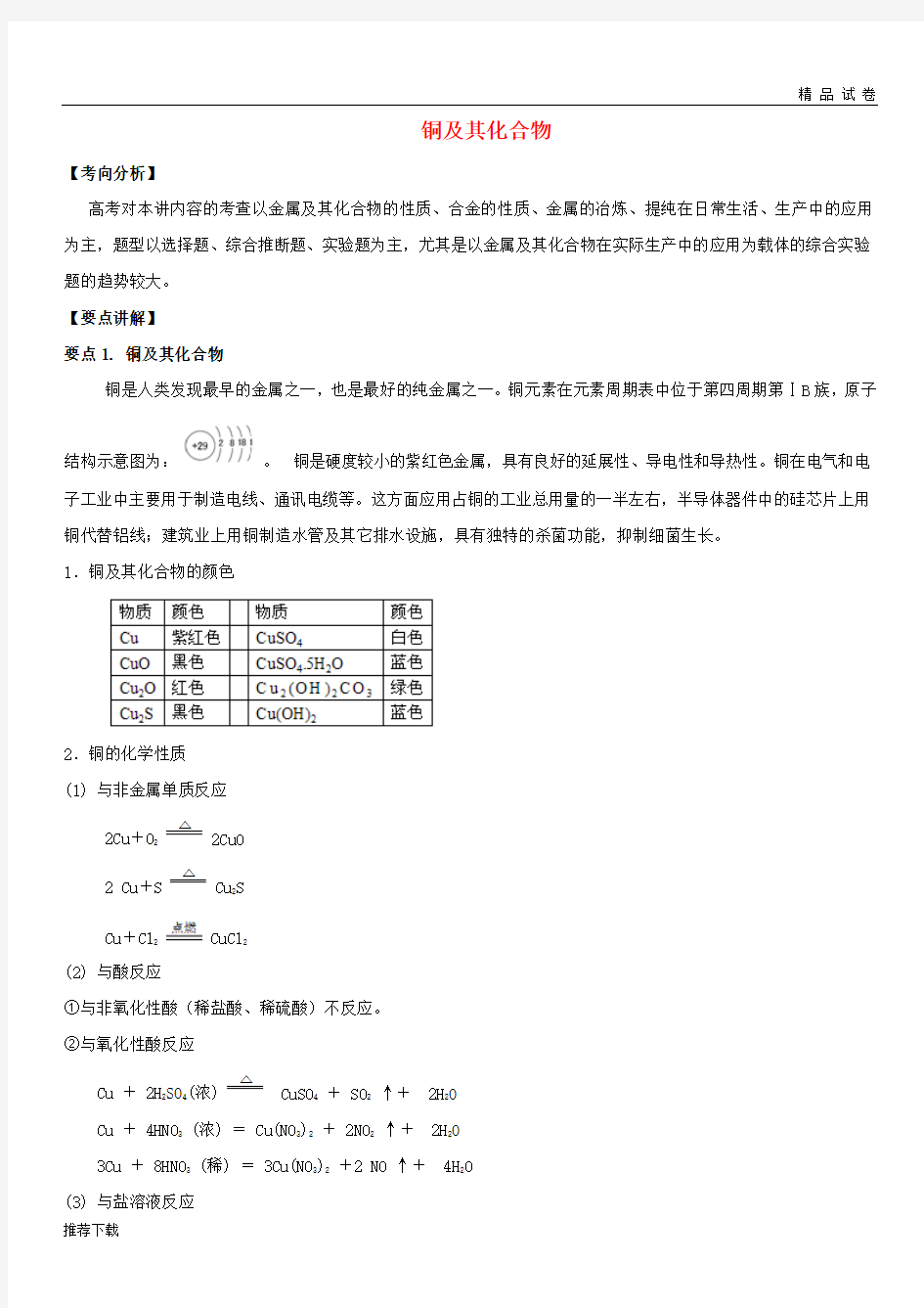 2019高考化学一轮复习 元素化合物 专题4 铜及其化合物