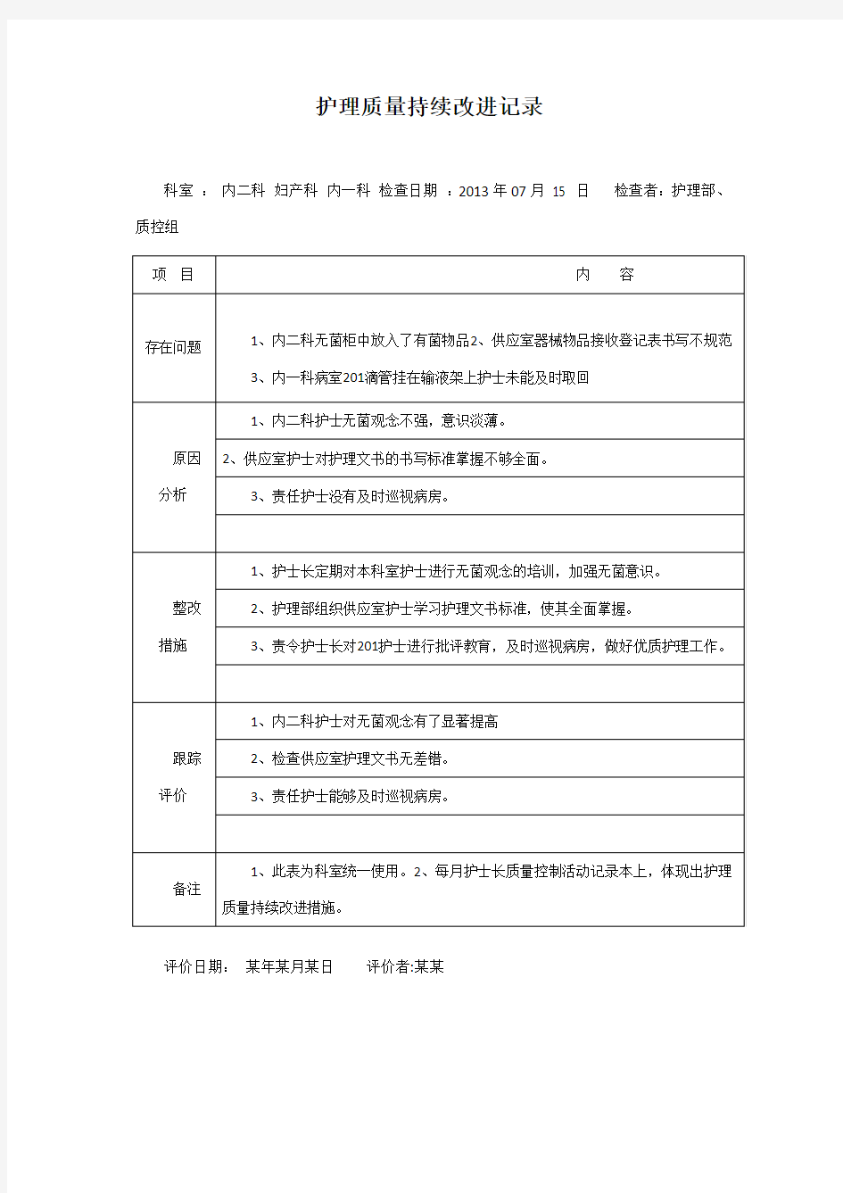 护理质量持续改进记录