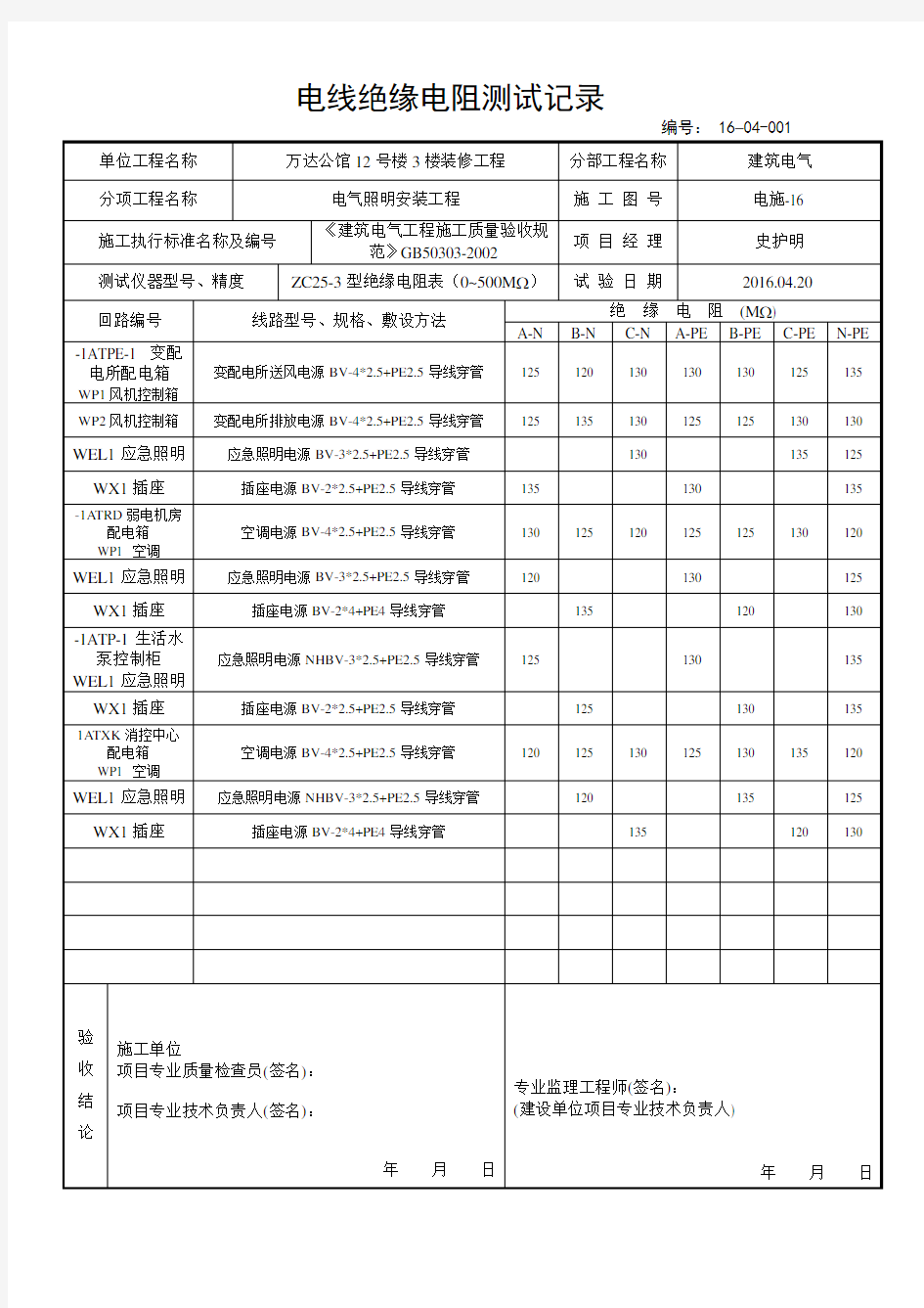 电线绝缘电阻测试记录