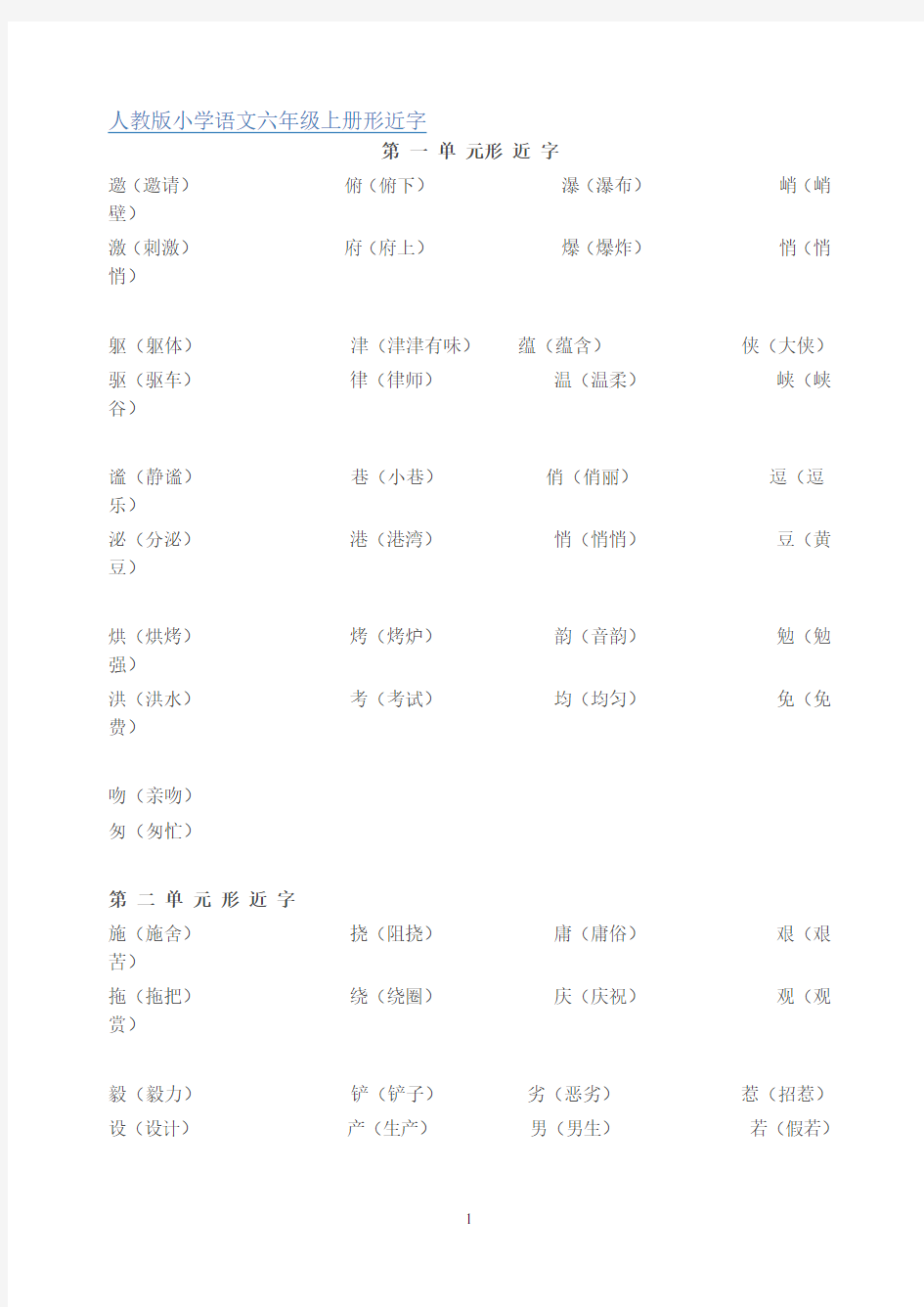 六年级上下册语文同音字、形近字组词