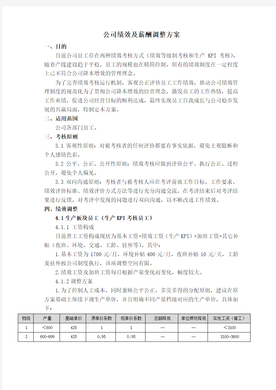 公司薪酬及绩效调整方案