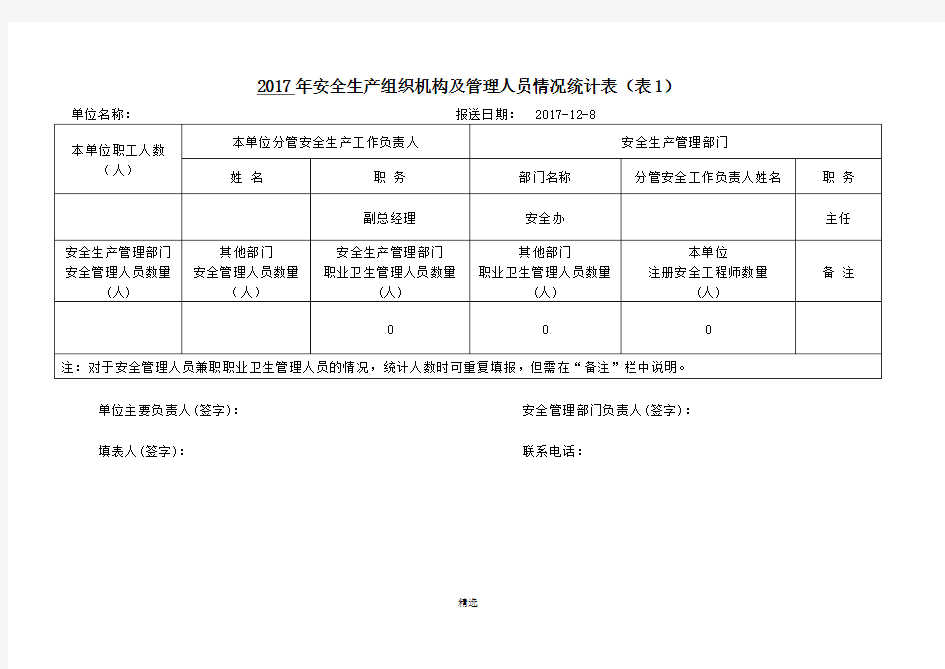 2017年安全生产工作年度信息统计表