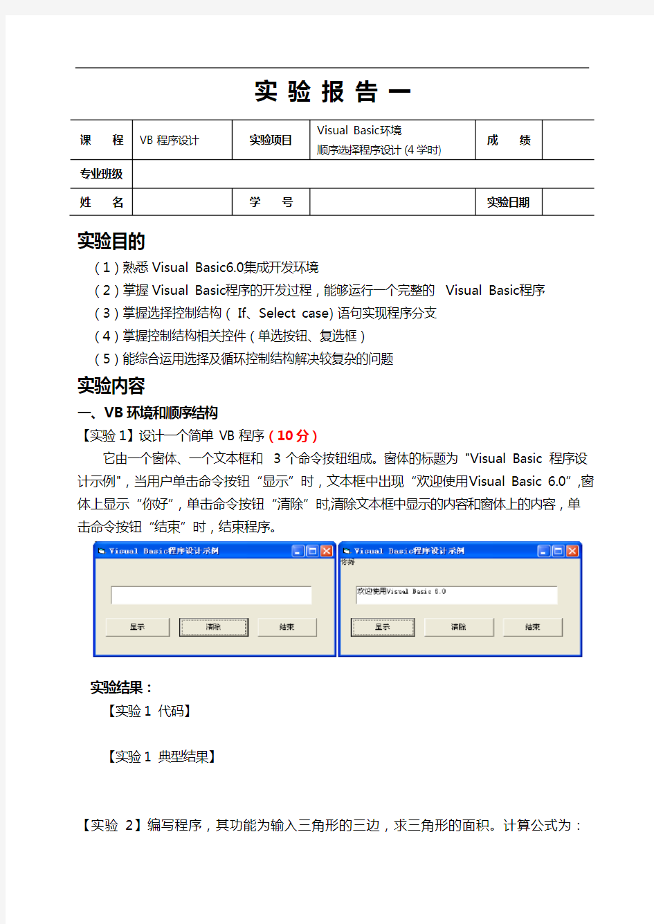 VB实验一 实验报告