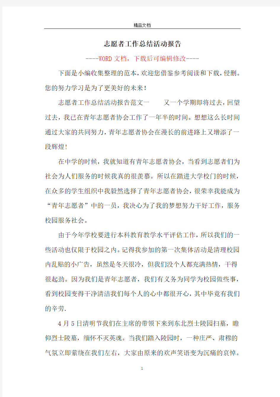 志愿者工作总结活动报告