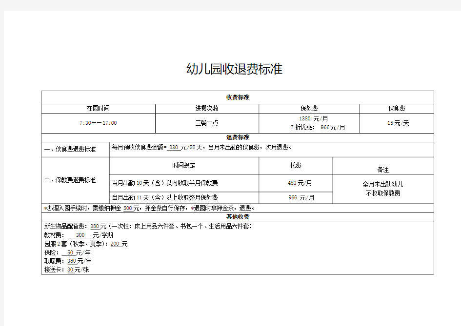 幼儿园收退费标准