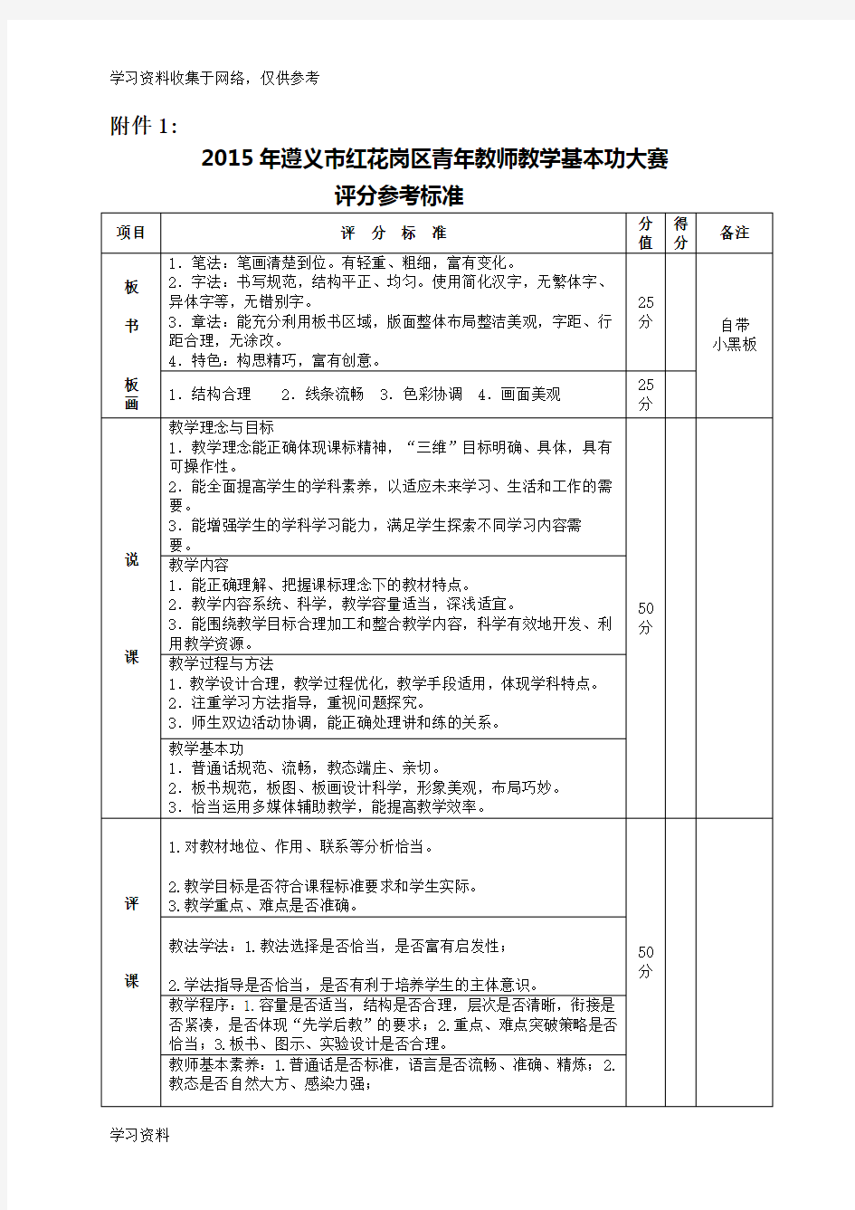 青年教师基本功大赛评分标准