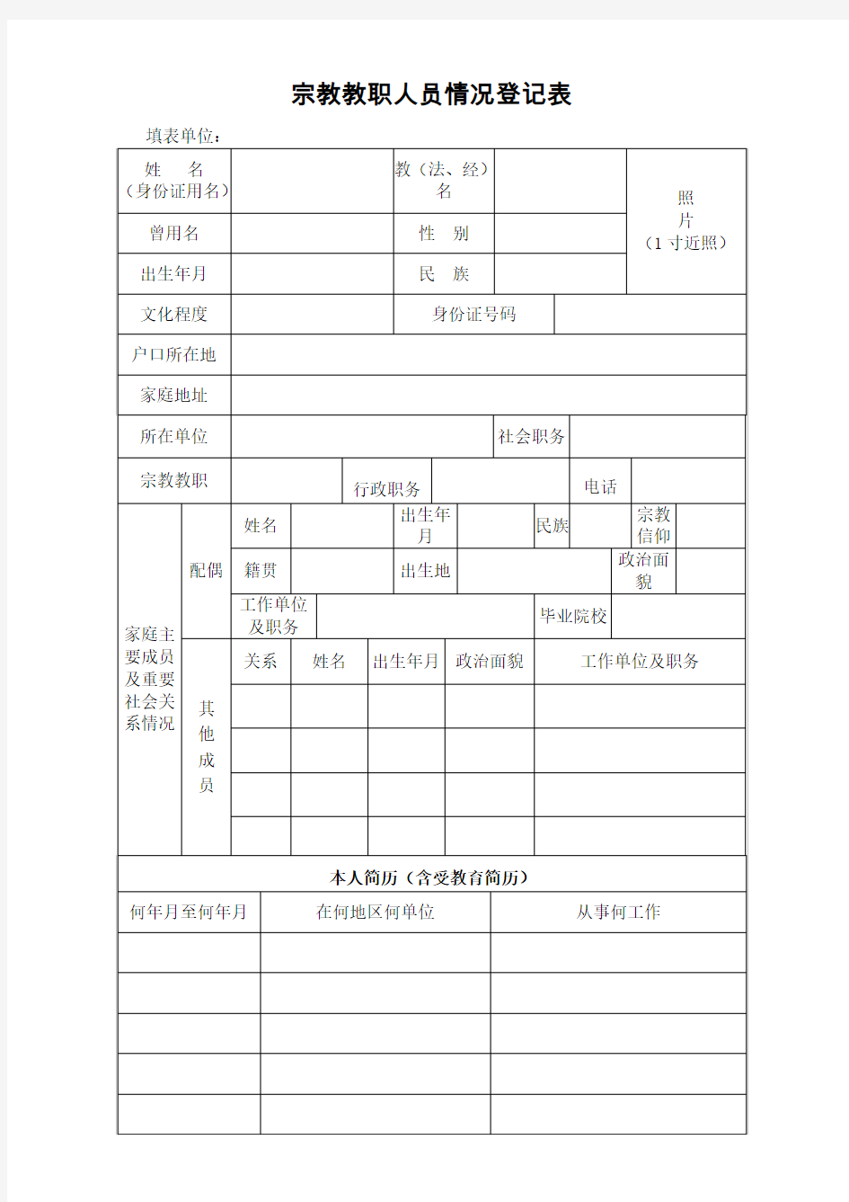 宗教教职人员情况登记表