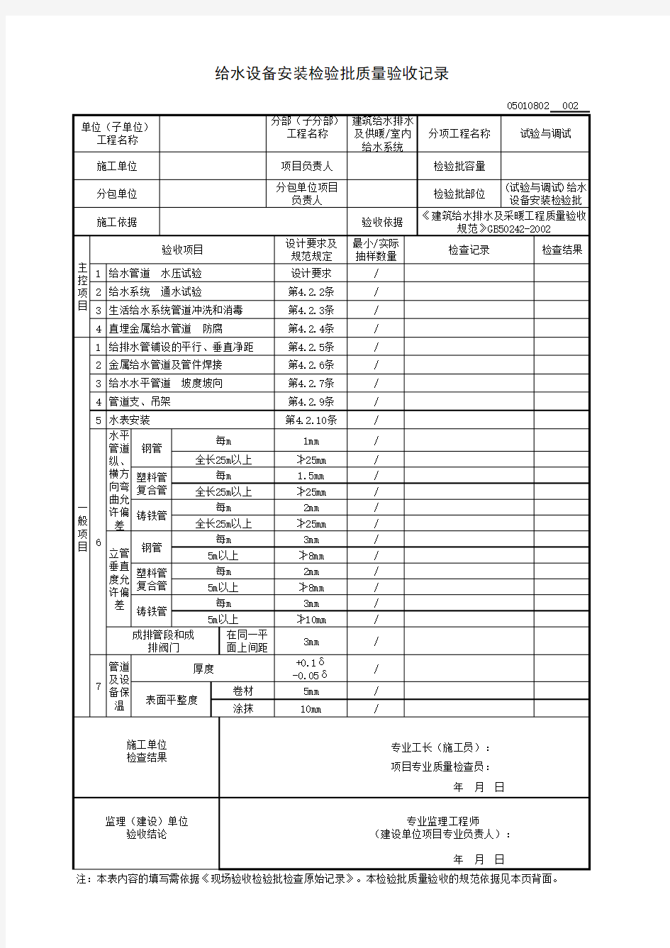 (试验与调试)给水设备安装检验批质量验收记录