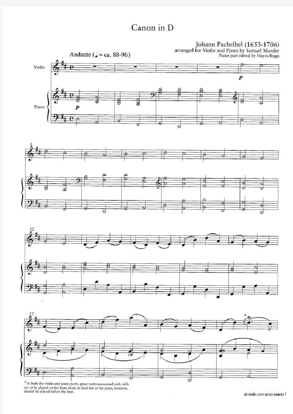 卡农曲谱canon-in-D-钢琴小提琴合奏-五线谱