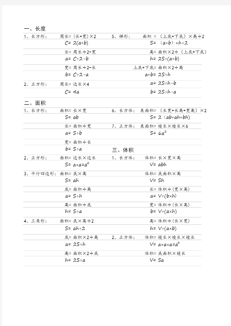 周长、面积、体积计算公式