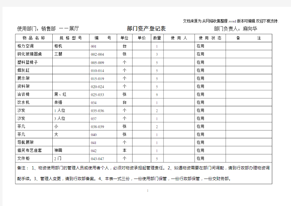 部门固定资产登记表