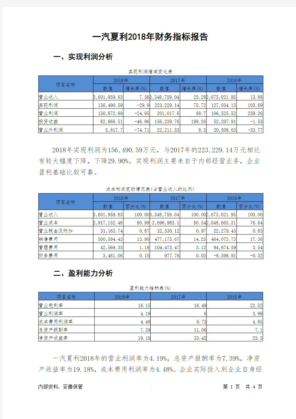 一汽夏利2018年财务指标报告-智泽华