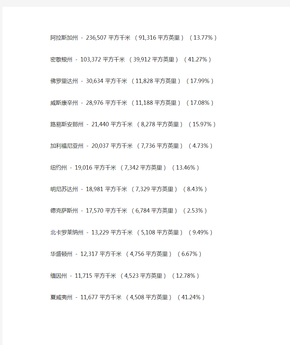 美国50个州水域面积详尽排名