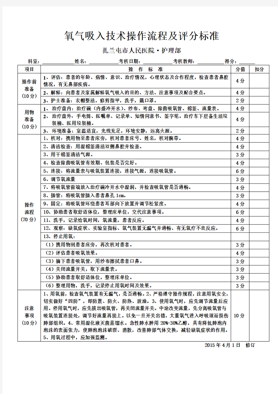 氧气吸入技术操作流程及评分标准