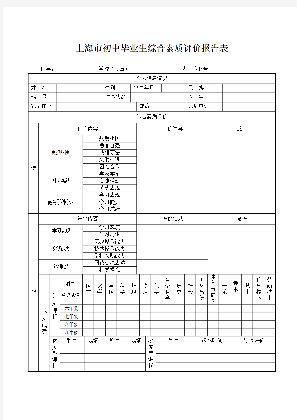 中学生综合素质评价表