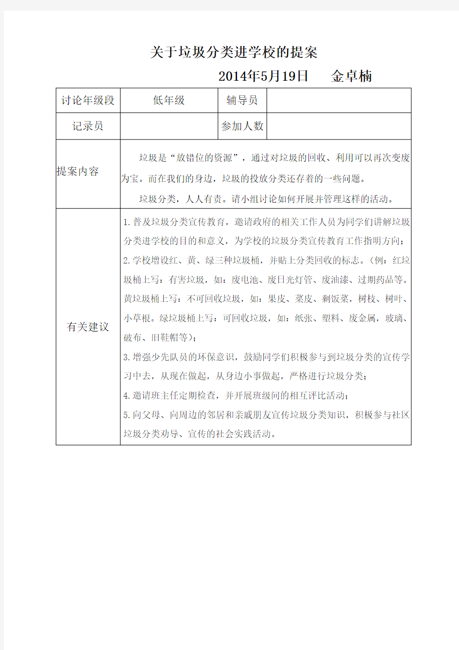 关于垃圾分类进学校的提案