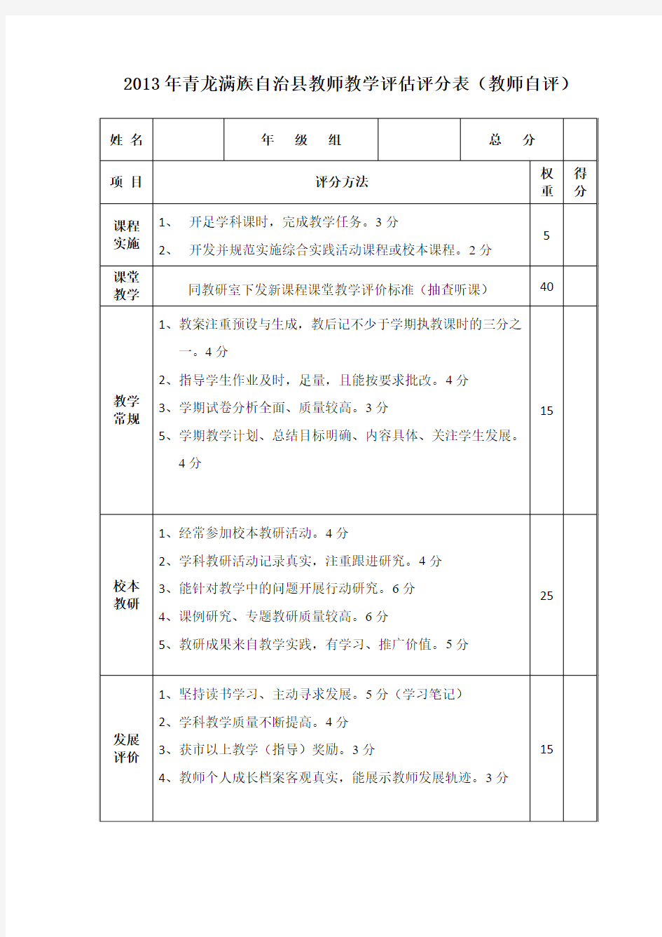 教学评估之教师自评表