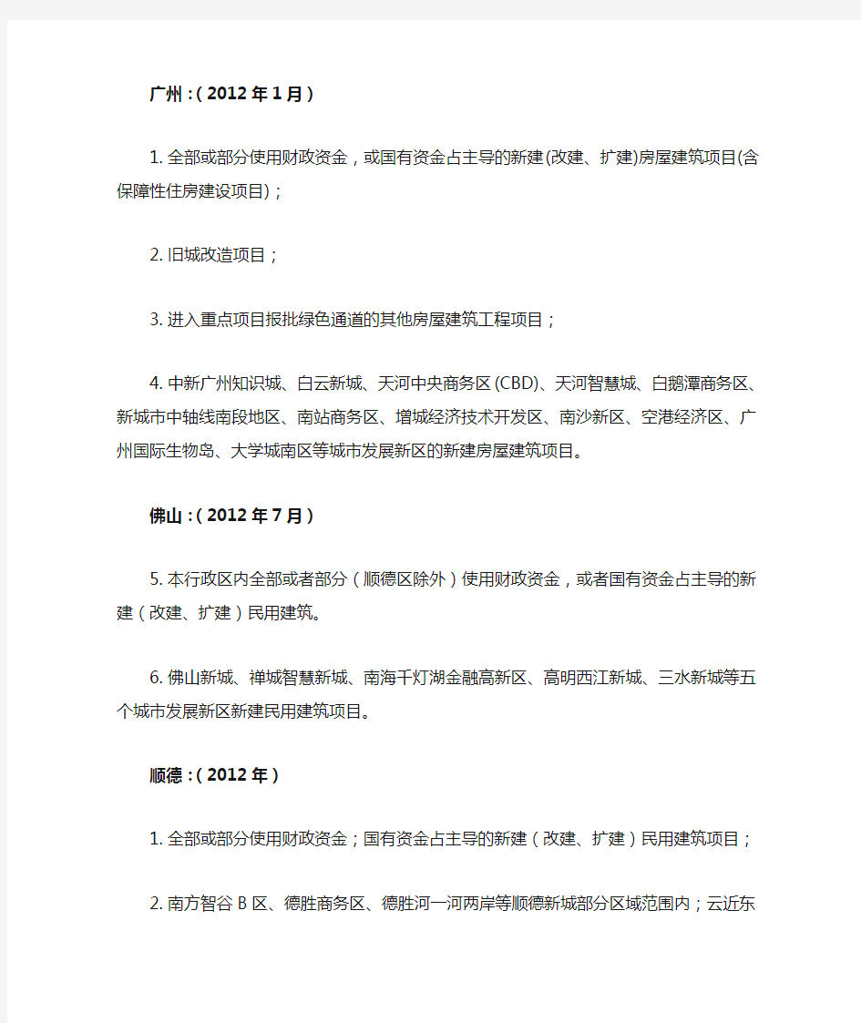 广东各地区绿色建筑要求实施区域-汇总