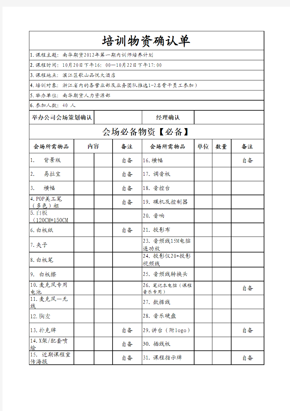 培训物资清单