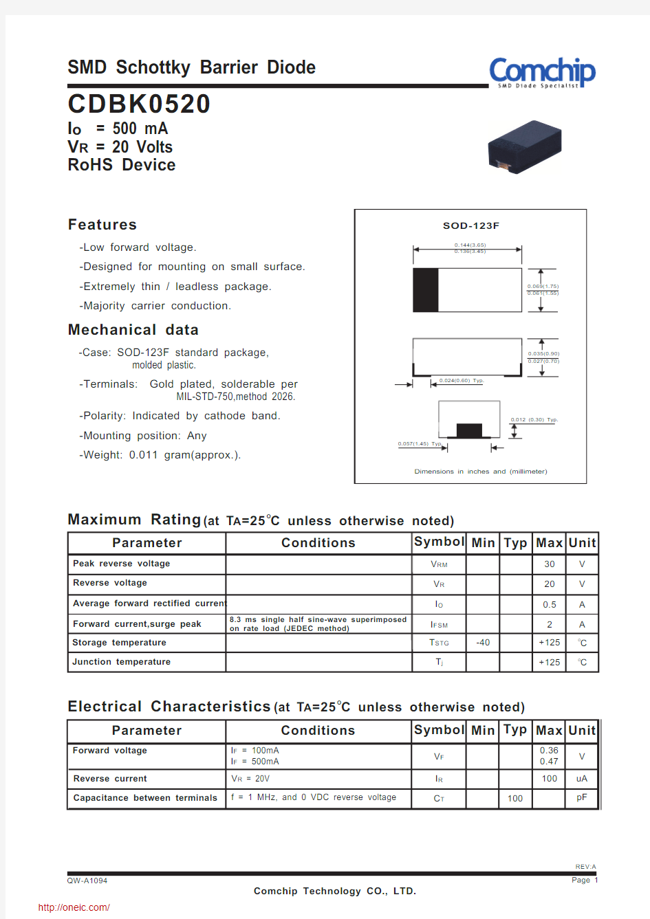 CDBK0520;中文规格书,Datasheet资料