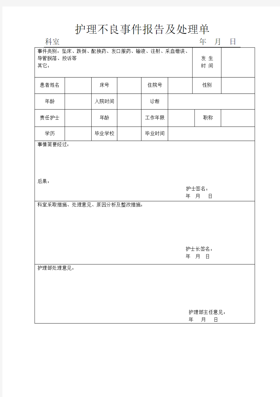 护理不良事件报告及处理单