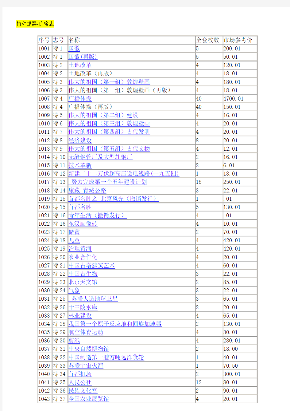 特种邮票-价格表
