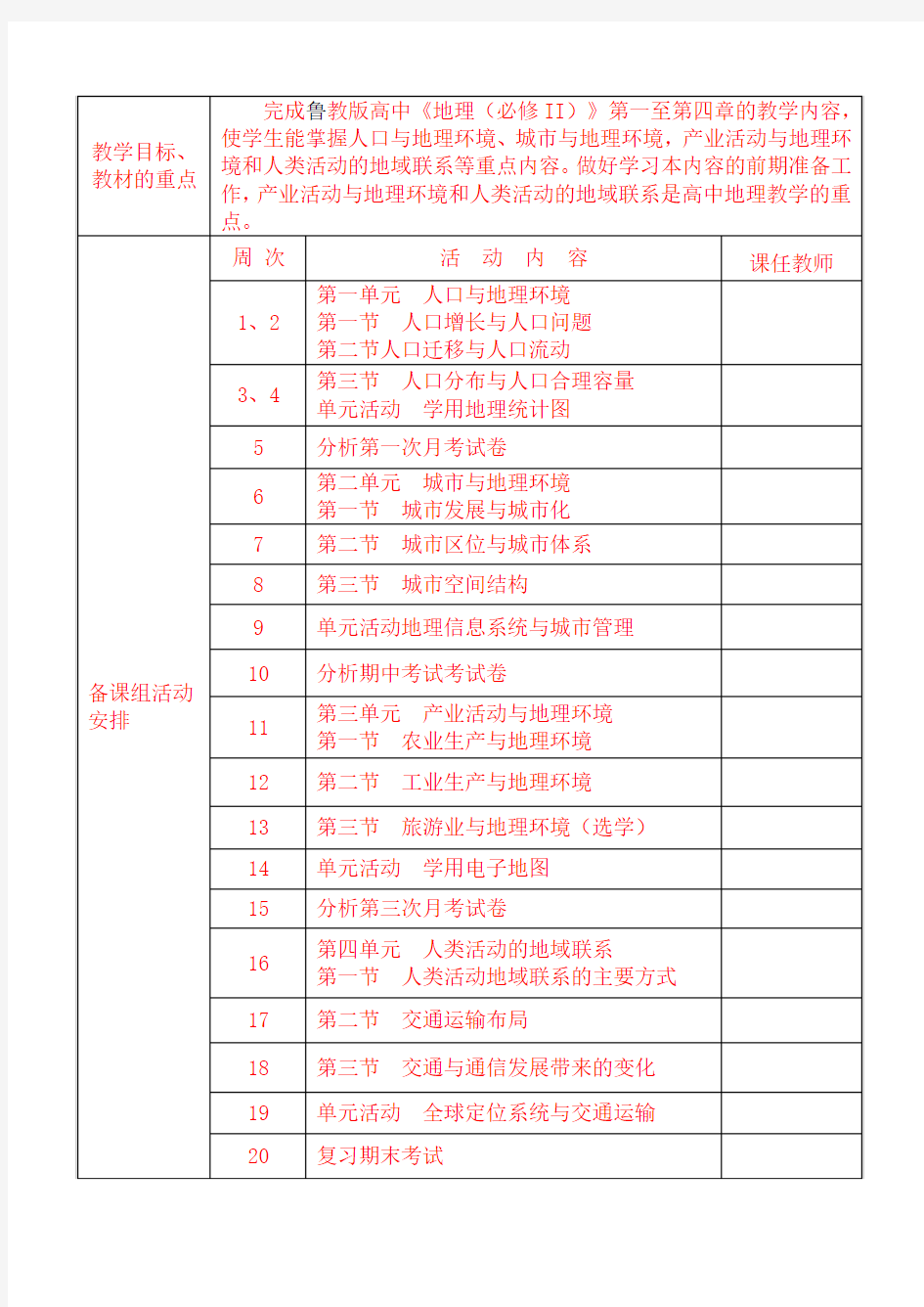 2015-2016学年第二学期高一地理备课组工作计划