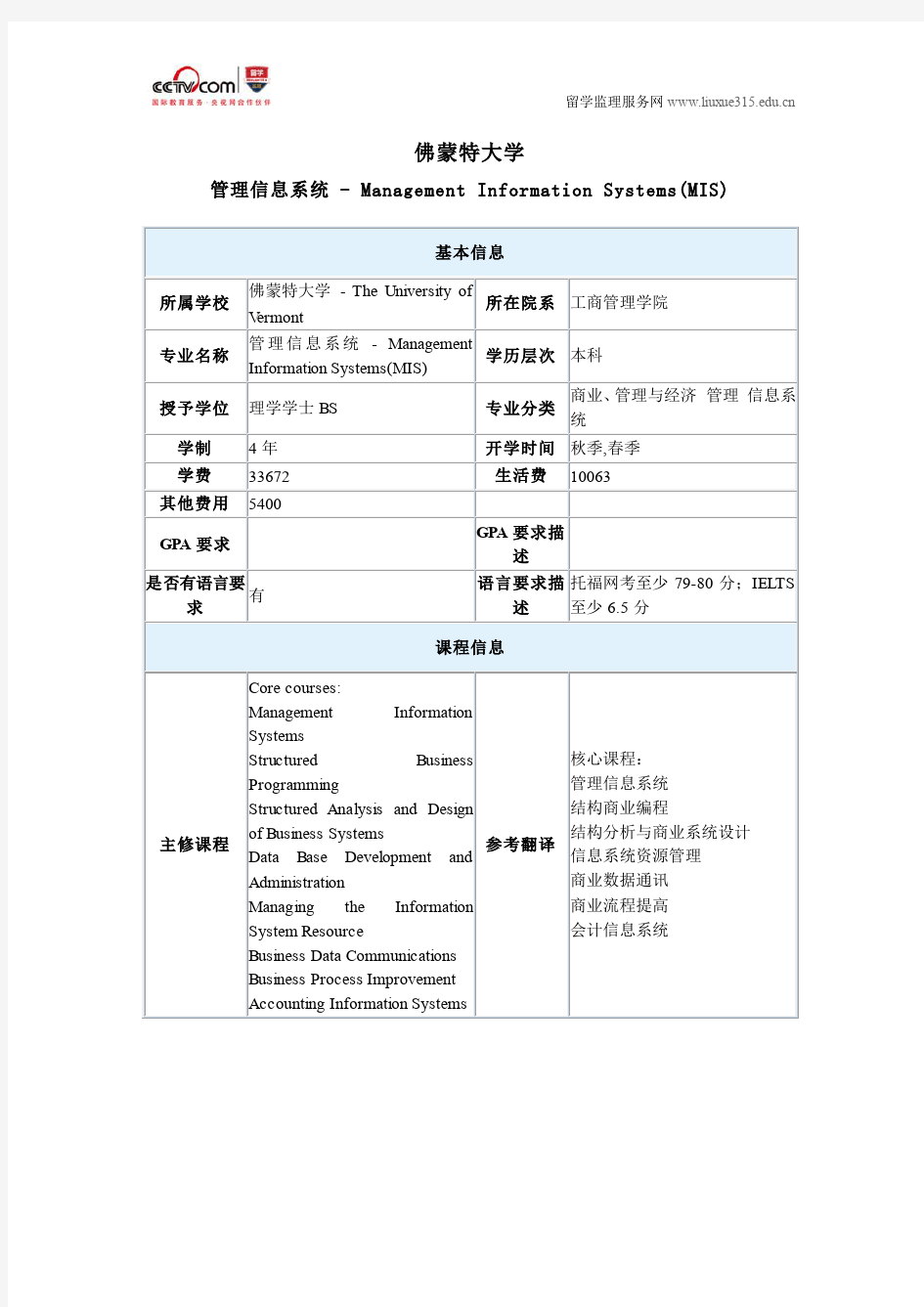 美国佛蒙特大学管理信息系统本科申请条件