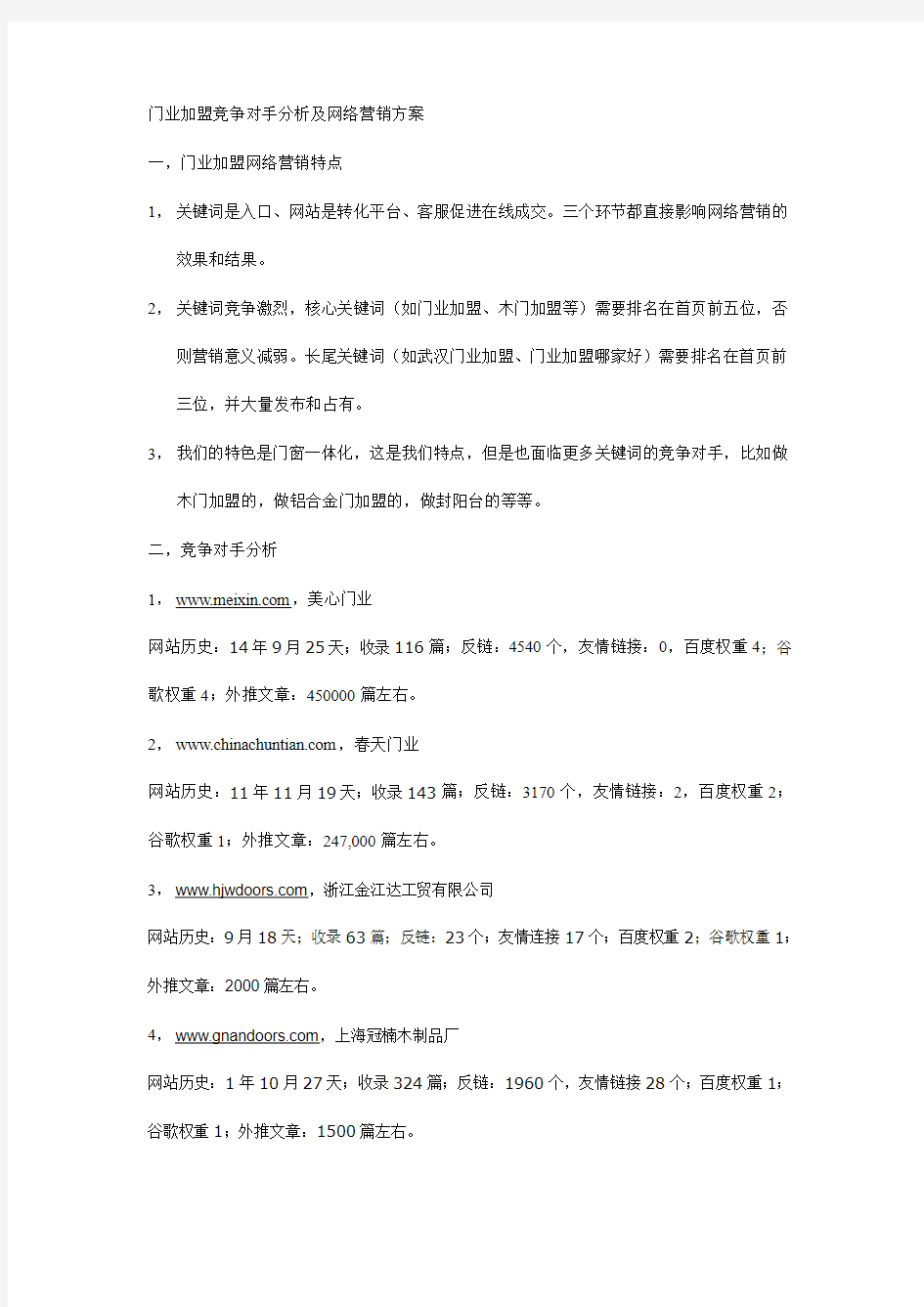 门业加盟竞争对手分析及网络营销方案